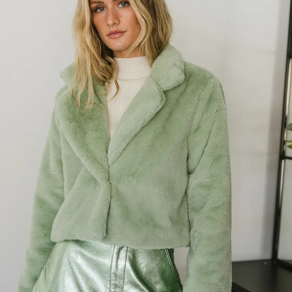 NWT Fuzzy green faux fur jacket blazer shawl collar cropped Bohme party lined XL